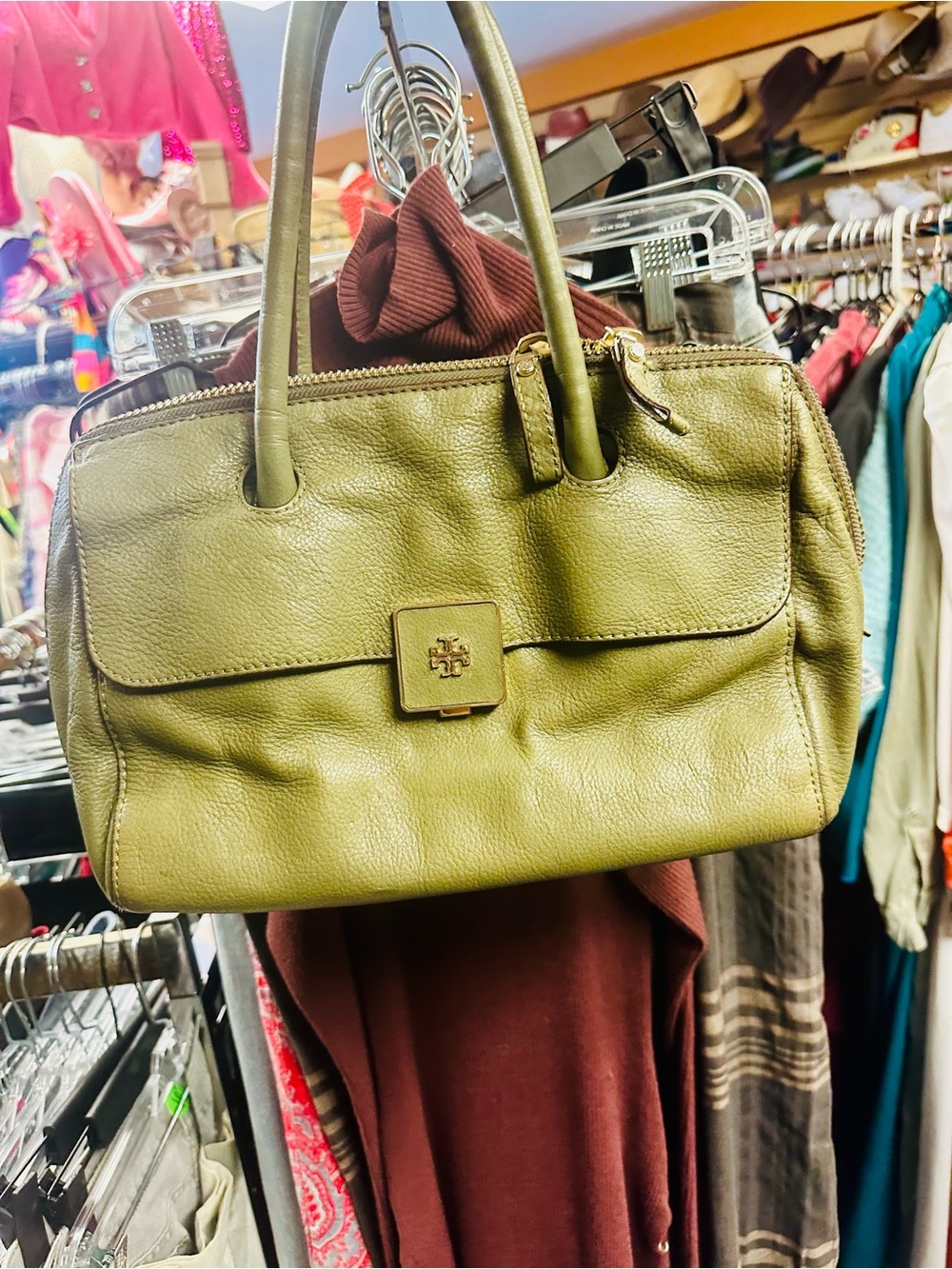 Tory Burch Olive Green Leather Shoulder Satchel (inside needs cleaning) easy fix